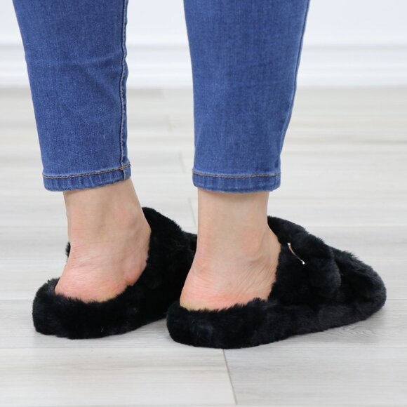 Black Puff Fuzzy Fluffy Slip On Plush Slippers Double Strap - Picture 12 of 16